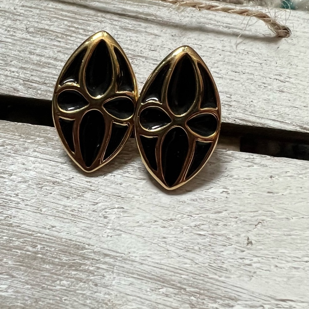 VINTAGE GIVENCHY Retro Black Enamel Gold Tone Signed Clip-on Earrings